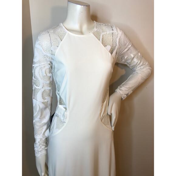 Bebe White Long Sleeve Cut Out Lace Gown M Bohemian Formal Maxi Dress Wedding - Picture 4 of 16